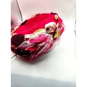 Vintage 1940s Hat Hot Pink Velvet Seed Pearls Flowers and Pink Netting Unique